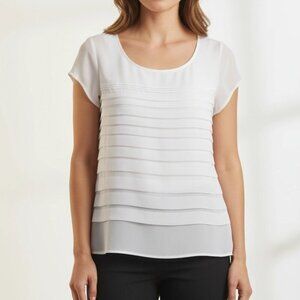 New York & Company White Tiered Ruffle Blouse XS Short Sleeve Scoop Neck